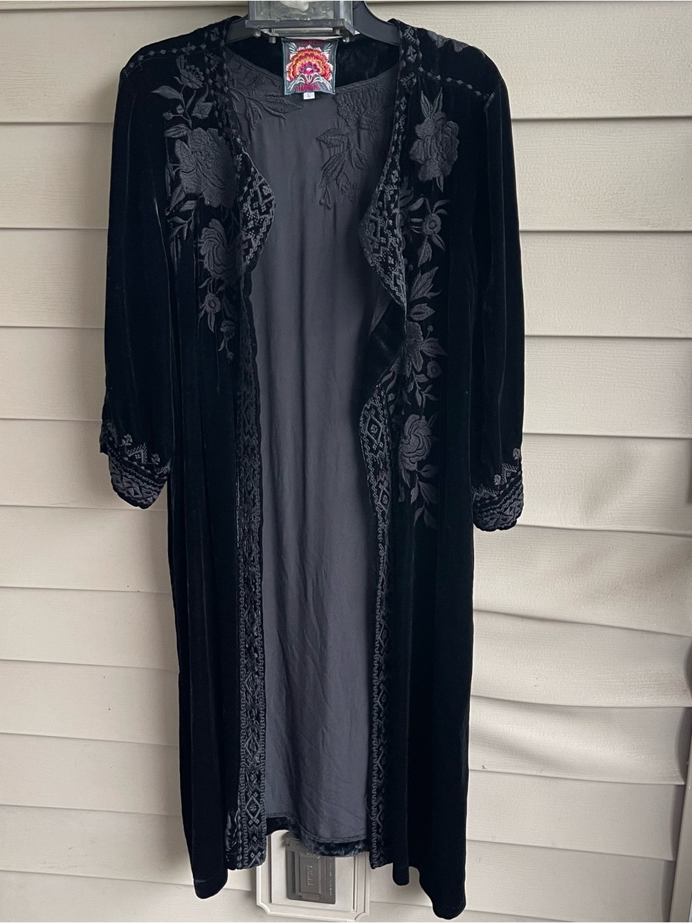 Johnny Was Long Black Velvet Kimono Wrap Jacket Duster Embroidered Size L Boho